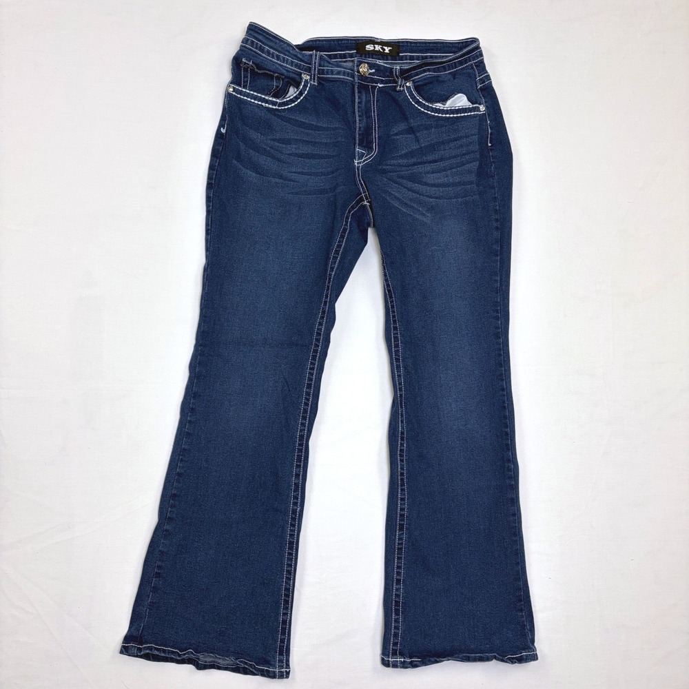 SKY Womens Dark Wash Bootcut Jeans Contrast Stitch Stretch Denim Size 10 Y2K